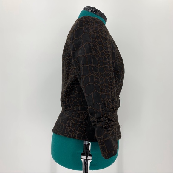 anthracite Brown Scale Print Zipper Closure 3/4 Ruched Sleeve Blazer, 10 - Picture 7 of 16